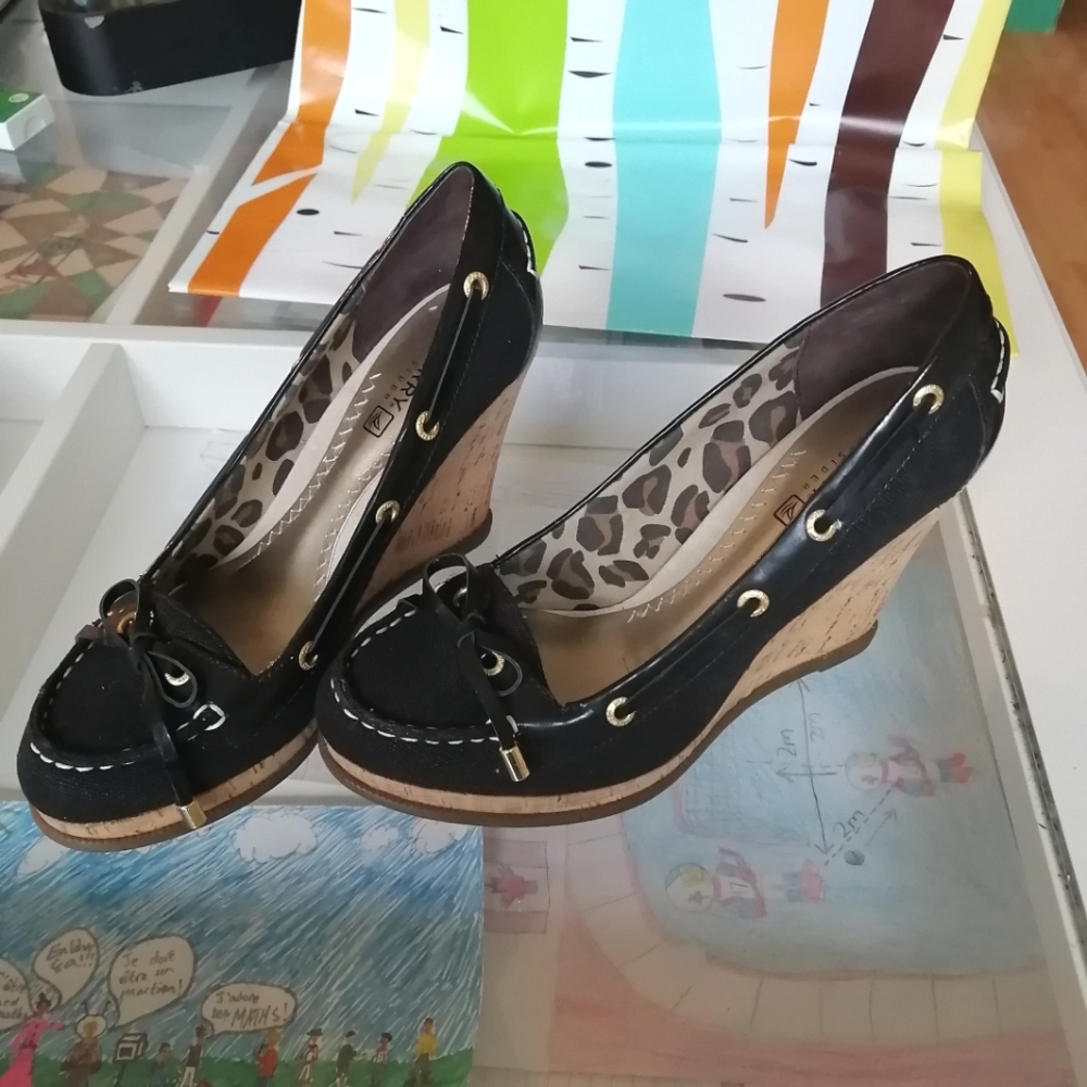 black cork wedge heeled Loafer shoes size 6.5